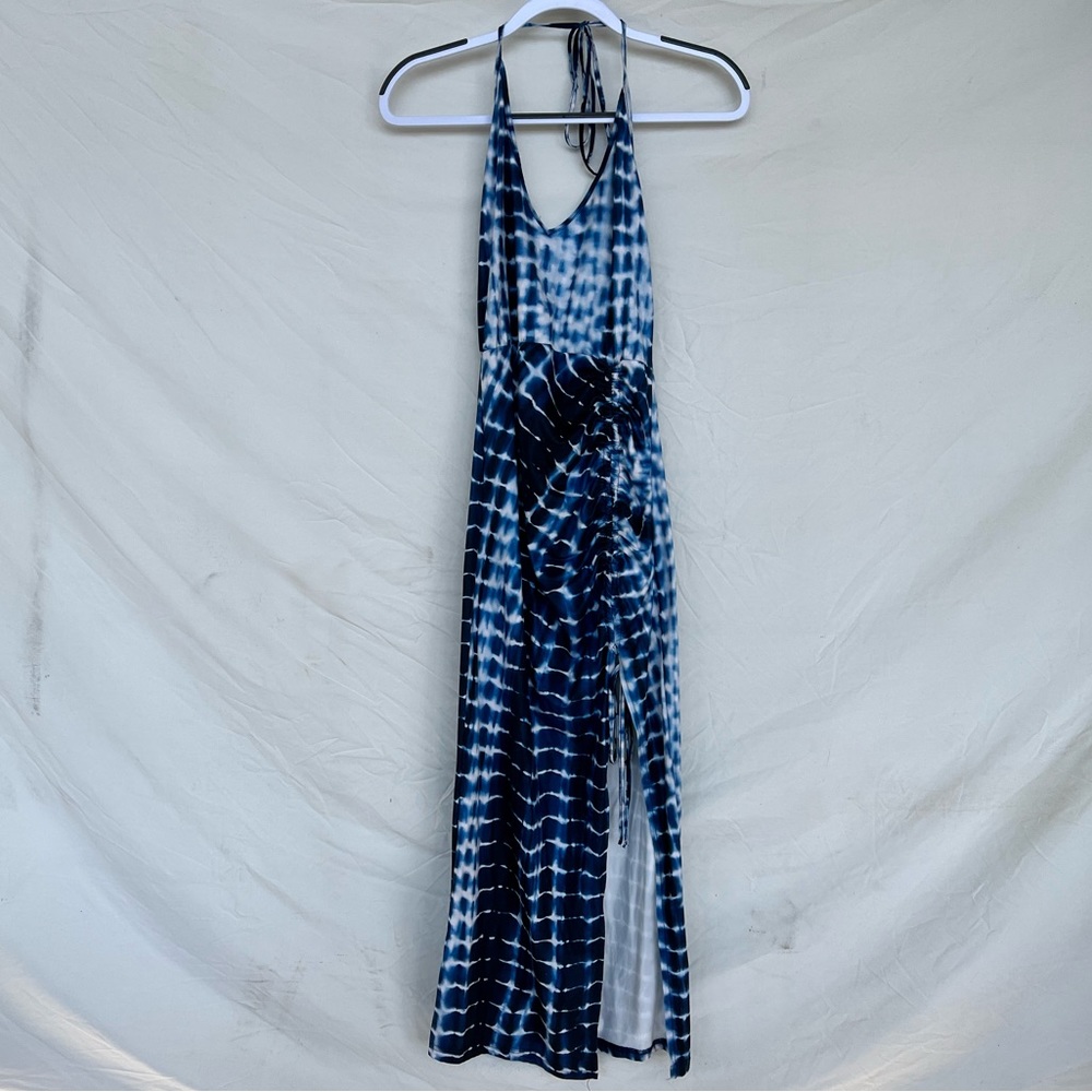 Blue and white halter midi dress